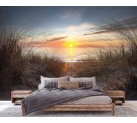 Photo murale - papier peint Papier peint intissé 3D motif plage, mer Baltique, coucher de soleil, herbe, style moderne, pour salon ou chambre, 200 cm x 140 cm Affiche - Bandeau mural - Tableau sans ca