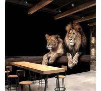 Photo murale - papier peint Papier peint mural intissé effet 3D représentant un lion et une lionne, motif moderne pour salon, chambre, chambre d'enfant ou mur TV, 350 cm x 256 cm Affiche - Bandeau mu