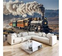 Photo Murale Train à Vapeur Rails 3D Papier Peint Panoramique Montagnes Déserts Tapisserie Intissé Salon Poster Décoration Murale pour Chambre Bureau Adulte Enfant 200x140 cm