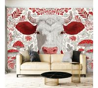 Photo Muraux Papier Peint Panoramique Bohême Vaches Champignons Animaux Rouge Gris Papier Peint Intissé Panoramique Pour Salon Chambre Chambre D'Enfant Décoration Murale 300 x 210 cm
