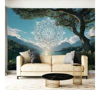 Photo Muraux Papier Peint Panoramique Nature Lacs Montagnes Mandalas Vert Papier Peint Intissé Panoramique Pour Salon Chambre Chambre D'Enfant Décoration Murale 350 x 256 cm