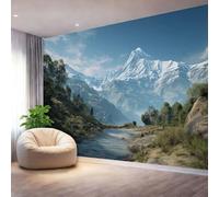 Photo Muraux Papier Peint Panoramique Nature Montagnes Enneigées Ruisseaux Photographie Bleu Papier Peint Intissé Panoramique Pour Salon Chambre Chambre D'Enfant Décoration Murale 200 x 140 cm