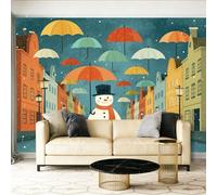 Photo Muraux Papier Peint Panoramique Parapluies Bonshommes De Neige Dessins Animés Bleu Orange Papier Peint Intissé Panoramique Pour Salon Chambre Chambre D'Enfant Décoration Murale 400 x 280 cm