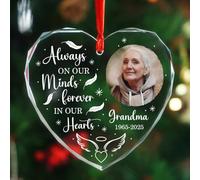 Photo/nom/année personnalisée Loss of Mom Dad Remembrance Christmas Ornament 2025, Always On Our Minds Forever in Our Hearts Ornements en verre en forme de cœur de Noël, photo commémorative