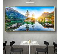 Photo Panoramique sur Toile.Soleil Lac Montagne Tableau-Paysage Impression sur Toile-Peinture Nature Affiches-Tableaux d'art mural en toile pour décor de salon 60x120cm(24x47in)sans cadre
