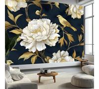 Photo Papier Peint 200 x 140 cm Intissé Murale Noir Panoramique Poster Papier Peint, Style Rétro Pivoines Blanches Oiseaux Photo Murales Décorative Tenture pour Appartement Décoration Salon