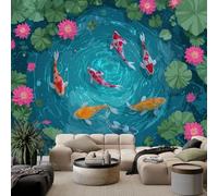 Photo Papier Peint 400 x 280 cm Intissé Murale Étang De Carpes Koï Feuilles De Lotus Panoramique Poster Papier Peint, Style De Dessin Animé Photo Murale Tenture Murales pour Appartement Salon