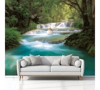 Photo Papier Peint 400 x 280 cm Intissé Murale Vert Panoramique Poster Papier Peint, Paysage Naturel Cascade Forestière Photo Murales Décorative Tenture, pour Appartement Décoration Salon