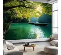 Photo Papier Peint 450 x 315 cm Intissé Murale Vert Panoramique Poster Papier Peint, Photographie Eau De Mer Arbres Verts Bateaux Photo Murales Décorative Tenture pour Appartement Décoration Salon