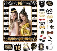 Photobooth 16 Ans,34PCS Kit Photobooth Anniversaire,Accessoires Photobooth Anniversaire,Accessoires Photobooth Anniversaire avec Cadre Photo 16 Ans,Photobooth Props Accessoires de Selfie Décoration