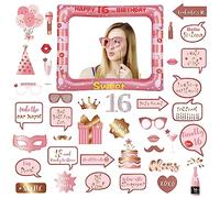 Photobooth 16 Ans,34PCS Kit Photobooth Anniversaire,Rose Or Photobooth Anniversaire,Rose Or Photobooth Anniversaire avec Cadre Photo 16 Ans,Photobooth Props Accessoires de Selfie Décoration