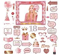 Photobooth 18 Ans,34PCS Kit Photobooth Anniversaire,Rose Or Photobooth Anniversaire,Rose Or Photobooth Anniversaire avec Cadre Photo 18 Ans,Photobooth Props Accessoires de Selfie Décoration