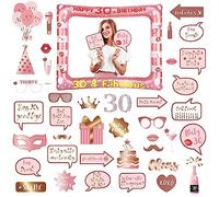 Photobooth 30 Ans,34PCS Kit Photobooth Anniversaire,Rose Or Photobooth Anniversaire,Rose Or Photobooth Anniversaire avec Cadre Photo 30 Ans,Photobooth Props Accessoires de Selfie Décoration