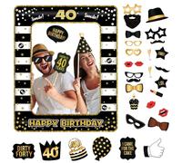 Photobooth 40 Ans, 34PCS Kit Photobooth Anniversaire, avec Cadre Photo 40 Ans, Props Accessoires de Selfie Décoration
