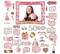 Photobooth 50 Ans,34PCS Kit Photobooth Anniversaire,Rose Or Photobooth Anniversaire,Rose Or Photobooth Anniversaire avec Cadre Photo 50 Ans,Photobooth Props Accessoires de Selfie Décoration