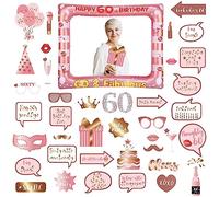 Photobooth 60 Ans,34PCS Kit Photobooth Anniversaire,Rose Or Photobooth Anniversaire,Rose Or Photobooth Anniversaire avec Cadre Photo 60 Ans,Photobooth Props Accessoires de Selfie Décoration