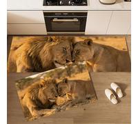 Photographie Animalière 2 Pièces Tapis de Cuisine, Antidérapant Absorbant,Brun-Jaune-Vert Tapis de Coureur, Les Lions des Prairies Interagissent Imprimé Paillasson Cuisine, 44x70+44x120cm