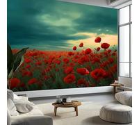 Photographie Champ De Coquelicots Papier Peint Panoramique 400 x 280 cm Papier Peint Photo Intissé Murale, pour Salon et Chambre Cuisine Vert Foncé Poster Tableaux Fresque Muraux