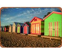 Photographie colorée de Bathing Boxes in a Row Brighton Beach Australie du Sud - Plaque en métal - Décoration murale - 20,3 x 30,5 cm