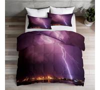 Photographie De Nature Bâtiment Orage Éclair Imprimée 3 pièces Couette 135 x 200 cm - 300GSM Microfibre Douce Couette Réversible avec 2 Taie d'oreiller - Matelassée pour Les 4 Saisons, Noir Violet