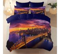 Photographie Housse de Couette 140 x 200 cm avec Taies d'oreiller, Violet Rivière Pont Métallique Architecture Microfibre Douce Parure de Lit avec Fermeture Éclair