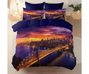Photographie Housse de Couette 140 x 200 cm avec Taies d'oreiller, Violet Rivière Pont Métallique Architecture Microfibre Douce Parure de Lit avec Fermeture Éclair
