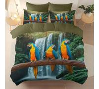 Photographie Housse de Couette 200 x 200 cm avec Taies d'oreiller, Vert Clair Forêt Cascade Perroquet Microfibre Douce Parure de Lit avec Fermeture Éclair