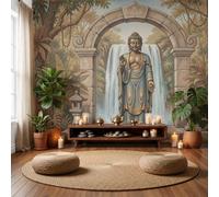 Photographie Papier Peint Panoramique Statue De Bouddha Sous Cascade 450X315Cm | Fresque Murale, Paysage Rétro D'Inspiration Zen Papier Peint Intissé, Décoration Image Murale Pour Salon Chambre