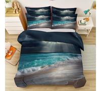 Photographie Vacances Housse de Couette 200 x 200 cm, Plage Vagues Nuages en Microfibre légère Parure de Lit, avec Taies d'oreiller, Gris Charbon Turquoise