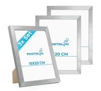 PHOTOLINI Cadre 15 x 20 bois MDF argenté, lot de 3 cadres photo pour posters et affiches, verre acrylique incassable, décoration murale à suspendre & à poser, avec accessoires supplémentaires