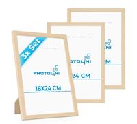 PHOTOLINI Cadre 18 x 24 bois MDF naturel, lot de 3 cadres photo pour posters et affiches, verre acrylique incassable, décoration murale à suspendre & à poser, avec accessoires supplémentaires