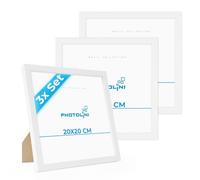 PHOTOLINI Cadre 20 x 20 bois MDF blanc, lot de 3 cadres photo pour posters et affiches, verre acrylique incassable, décoration murale à suspendre & à poser, avec accessoires supplémentaires