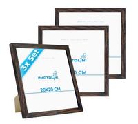 PHOTOLINI Cadre 20 x 20 bois MDF chêne foncé, lot de 3 cadres photo pour posters et affiches, verre acrylique incassable, à suspendre & à poser, avec accessoires supplémentaires