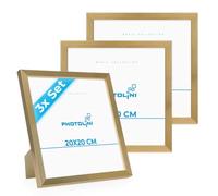 PHOTOLINI Cadre 20 x 20 bois MDF doré, lot de 3 cadres photo pour posters et affiches, verre acrylique incassable, décoration murale à suspendre & à poser, avec accessoires supplémentaires
