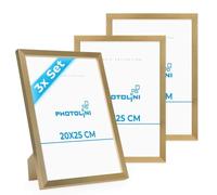 PHOTOLINI Cadre 20 x 25 bois MDF doré, lot de 3 cadres photo pour posters et affiches, verre acrylique incassable, décoration murale à suspendre & à poser, avec accessoires supplémentaires