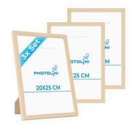 PHOTOLINI Cadre 20 x 25 bois MDF naturel, lot de 3 cadres photo pour posters et affiches, verre acrylique incassable, décoration murale à suspendre & à poser, avec accessoires supplémentaires