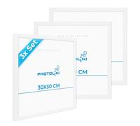 PHOTOLINI Cadre 30 x 30 bois MDF blanc, lot de 3 cadres photo pour posters et affiches, verre acrylique incassable, décoration murale à suspendre, avec accessoires supplémentaires