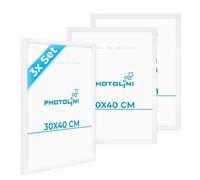 PHOTOLINI Cadre 30 x 40 blanc bois MDF, lot de 3 cadres photo 30x40 pour posters, picture frame 40x30 avec verre acrylique incassable, décoration murale à suspendre, avec accessoires supplémentaires