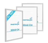 PHOTOLINI Cadre 30 x 40 bois MDF argenté, lot de 3 cadres photo 30x40 pour posters, picture frame 40x30, verre acrylique incassable, décoration murale à suspendre, accessoires supplémentaires