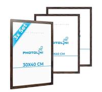 PHOTOLINI Cadre 30 x 40 bois MDF chêne foncé, lot de 3 cadres photo 30x40 pour posters, picture frame 40x30, verre acrylique incassable, décoration murale à suspendre, accessoires supplémentaires