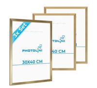 PHOTOLINI Cadre 30 x 40 doré bois MDF, lot de 3 cadres photo 30x40 pour posters, picture frame 40x30, verre acrylique incassable, décoration murale à suspendre, avec accessoires supplémentaires