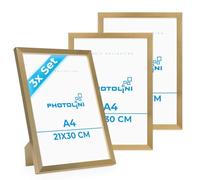 PHOTOLINI Cadre A4 21 x 30 bois MDF doré, lot de 3 cadres photo pour posters et affiches, verre acrylique incassable, décoration murale à suspendre & à poser, avec accessoires supplémentaires