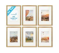 PHOTOLINI Cadre A4 21 x 30 bois MDF doré, lot de 6 cadres photo avec passe-partout pour posters et affiches, verre acrylique incassable, décoration murale à suspendre, accessoires supplémentaires