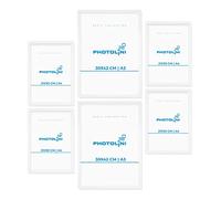 PHOTOLINI Cadre bois MDF blanc, lot de 6 cadres photo avec pour posters et affiches No.7, verre acrylique incassable, décoration murale à suspendre, accessoires supplémentaires