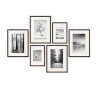 PHOTOLINI Cadre bois MDF chêne foncé, lot de 6 cadres photo No.4 avec passe-partout pour posters et affiches, verre acrylique incassable, à suspendre, accessoires supplémentaires