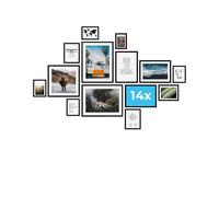 PHOTOLINI Cadre bois MDF noir, lot de 14 cadres photo pour posters et affiches No.1, verre acrylique incassable, décoration murale à suspendre, accessoires supplémentaires