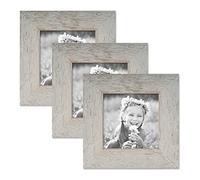 PHOTOLINI Cadres en bois 10 x 10 cm gris, lot de 3 cadres photo en bois véritable rustique, avec verre, à suspendre ou à poser, avec accessoires - aspect naturel de bois flotté