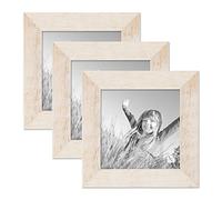 PHOTOLINI Cadres en bois 15 x 15 cm blanc, lot de 3 cadres photo en bois véritable rustique, avec verre, à suspendre ou à poser, avec accessoires - aspect naturel de bois flotté