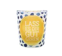 Photophore en Verre avec Motif sur Une Banderole Transparente, avec 1 Bougie Chauffe-Plat, H x Ø : 6,5 x 6 cm, Motif : « Lass ES Dir Gut gehen ».