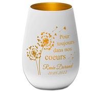 Photophore en Verre personnalisé - Nom et Date funéraire - Lumière de deuil - présent funéraire - Blanc/Or - pour Toujours dans nos Coeurs - Lanterne présent funéraire -